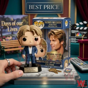 A collector vinyl figure of Patrick Muldoon positioned on a marble slab with its original packaging and various themed accessories in a studio setting!