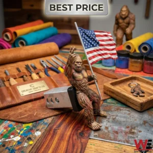 A wooden Bigfoot statue holding the American flag and making a peace sign on a workbench with leather tools!