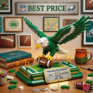 Philadelphia Eagles 93rd Anniversary Brick Edition 4 Eagle mascot building set on a desk with sports themed decor!