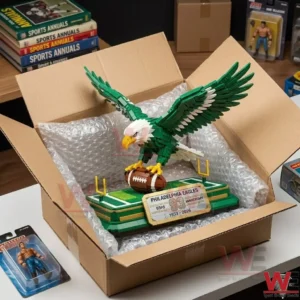 Philadelphia Eagles 93rd Anniversary Brick Edition 5 Assembled eagle building set packed in bubble wrap inside a shipping carton!