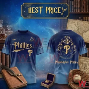 Blue t shirts with gold Phillies and Harry Potter logos among magical artifacts and books.