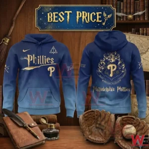 Gradient blue Phillies hoodie with gold wizarding logos set in a vintage library.