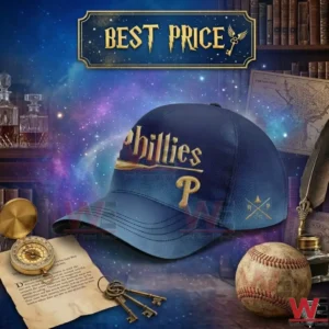 Blue gradient Phillies cap with gold logos on a desk with magical accessories.