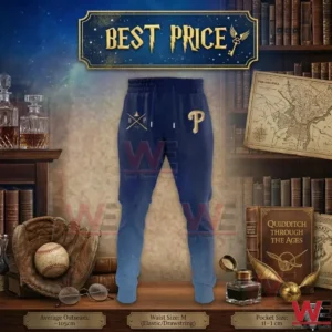 Gradient blue Phillies joggers with gold embroidery among wizarding world books and gear.