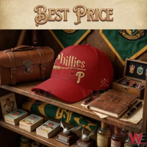 Red Phillies baseball cap with gold Harry Potter logos on a wooden shelf with magical props.