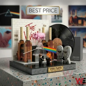 Building brick display set featuring multiple iconic rock band album cover themes!