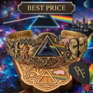 Detailed Pink Floyd brass cuff bracelet with iconic album artwork reliefs!