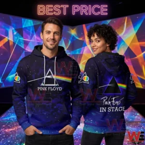 Front and back views of a Pink Floyd themed galaxy hoodie worn by two models in a vibrant studio!