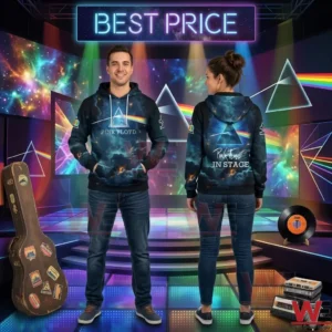 A male and female wearing a dark nebula Pink Floyd hoodie on a stage with neon lighting!