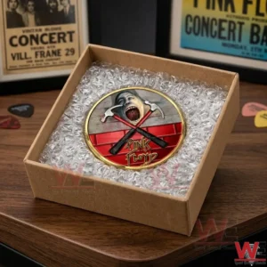 Overhead shot of a Pink Floyd themed coin packaged securely in a shipping box with bubble wrap!