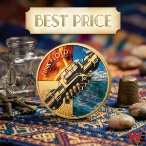 Detailed front view of a gold Pink Floyd Wish You Were Here commemorative coin!