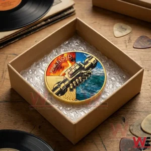 Overhead shot of a Pink Floyd themed coin packaged in a shipping box with bubble wrap!