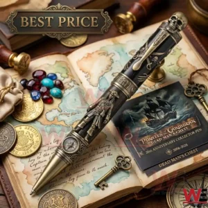 A bronze pirate themed pen with a skull on top and a Jack Sparrow figure lying on an old map with treasure coins and keys.
