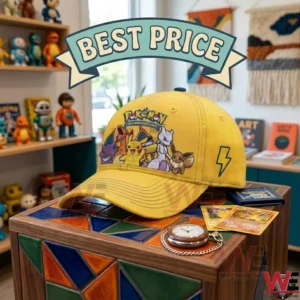 Front view of a yellow Pokemon character cap with various monsters embroidered on it!