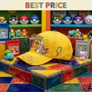 Side view of a yellow Pokemon cap surrounded by figurines and game cartridges!