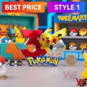 A shiny red and silver Pokemon collectible with a golden Pikachu figure.
