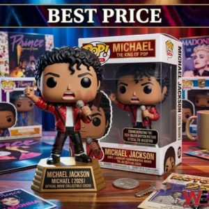 A detailed collectible figure of Michael Jackson in a red jacket on a gold base displayed with its original packaging and various music themed items!