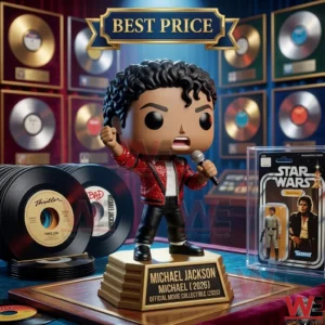 A vinyl figure of Michael Jackson on a gold commemorative stand is positioned among several gold record plaques and vinyl records on a velvet surface!