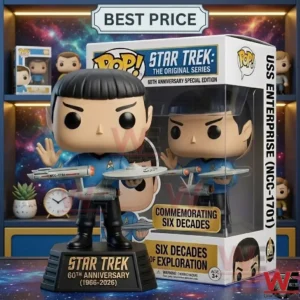 A collectible figure of a character with pointed ears in a blue uniform holding a starship model next to a sixtieth anniversary box!