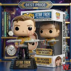 A collectible figure of a character in a gold uniform holding a starship model next to a sixtieth anniversary box!