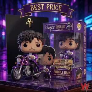 Detailed figure of a musician on a purple motorcycle next to a commemorative box!