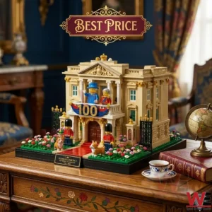 A building block model of a tan palace with royal figures is set on a wooden desk! The display includes guards corgis flowers and antique books with a globe!