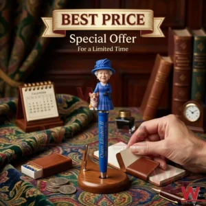 A blue souvenir pen with a Queen Elizabeth II figurine is displayed on a classic desk! The pen is surrounded by antique office supplies like a calendar and leather bound books!