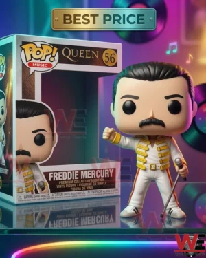 A vinyl figure of Freddie Mercury in a yellow jacket standing beside a collector box on a reflective table with neon lights!