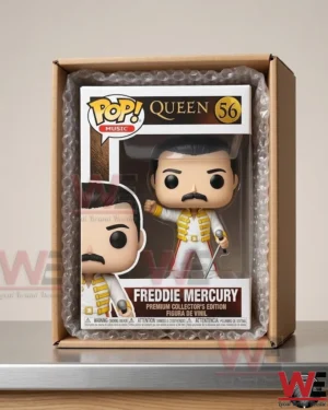 A packaged collectible figure of Freddie Mercury secured by bubble wrap inside an open shipping box!