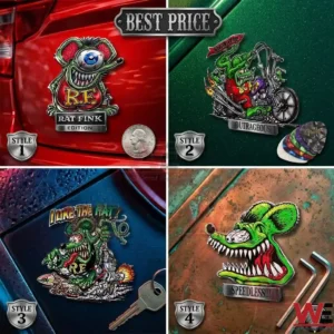 A four panel display of different Rat Fink cartoon character metal emblems.
