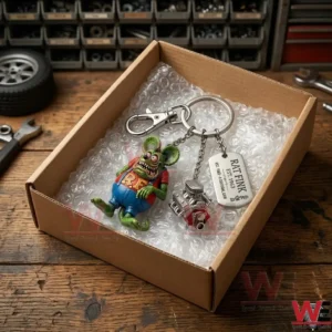 Rat Fink Outlaw Garage Legacy Keychain 3 Top view of a Rat Fink keychain packed for shipping in a cardboard box!