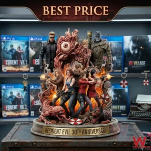 A large and elaborate multi figure statue featuring numerous characters from the Resident Evil video game franchise on a decorated circular base celebrating the thirtieth anniversary of the series on a table surrounded by related merchandise.