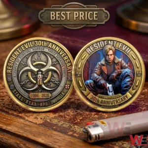 The front and back of a gold Resident Evil 30th anniversary coin showing a biohazard symbol and an illustration of Leon S Kennedy.
