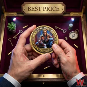 A man holding a gold Resident Evil anniversary coin in front of an open velvet lined display case filled with game themed props.