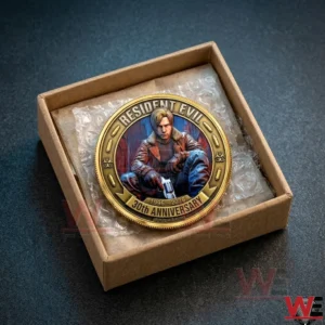 A gold Resident Evil anniversary coin sitting on bubble wrap inside a small brown cardboard shipping box.