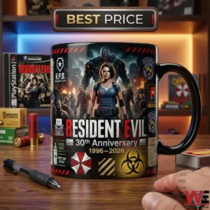 A Resident Evil thirty year anniversary mug with characters and logos on a wooden desk!