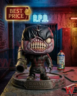 A collectible statue of the Nemesis character with a rocket launcher and an anniversary plaque in a dark room with thematic props!