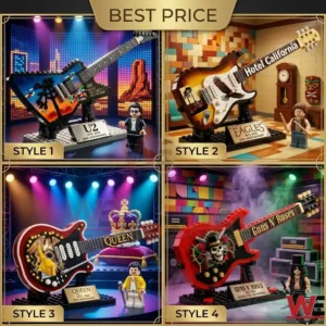 A collage of four legendary rock guitars made from building blocks with their corresponding band member figures!