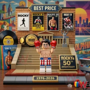 A high angle photograph of a Rocky movie anniversary building set! It includes a boxer figure on tan steps with movie posters and a champion belt in the background! Various music and movie memorabilia are placed around the display!