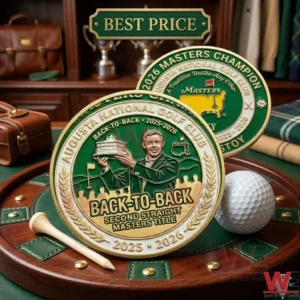 A pair of gold and green Masters commemorative coins resting on a wooden tray next to a golf ball and a wooden golf tee.