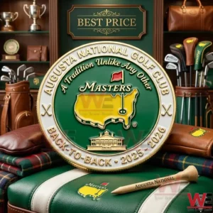 Rory McIlroy Back to Back Masters Champion Coin 4 A detailed gold coin showing the Masters tournament logo and Augusta National text sitting on a golf bag.