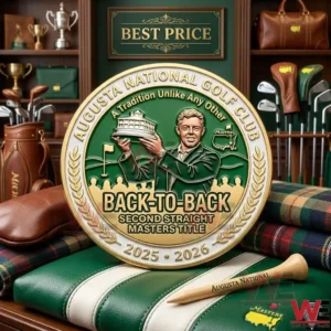 Rory McIlroy Back to Back Masters Champion Coin 5 A commemorative gold coin with an image of a golfer and text celebrating a second straight Masters title.