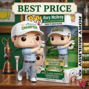 A collectible vinyl figure of a golfer in a swinging motion standing in front of its commemorative box on a desk.