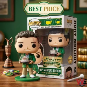 A smiling vinyl figure wearing a green jacket and holding a golf trophy standing next to its product box.