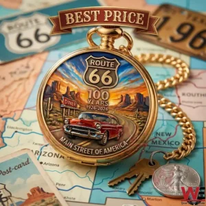 A commemorative gold pocket watch for the Route 66 centenary placed on a road map with travel accessories!
