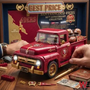 A red and gold building block pickup truck featuring football team logos surrounded by sports memorabilia and a large anniversary box.