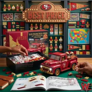 An open building block set box with organized bags of pieces next to an instruction manual and a completed red truck model.