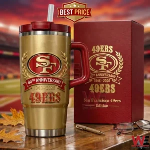 San Francisco 49ers 80th Anniversary gold tumbler and red gift box set!