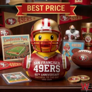 San Francisco forty niners eighty anniversary rubber duck on a desk with team items!