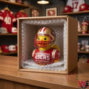Team themed rubber duck packed for shipping in a cardboard box with bubble wrap!
